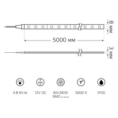 Лента светодиодная Elementary 2835/60-SMD 4.8Вт/м 3000К тепл. бел. IP20 170лм/м 12В 8мм (уп.5м) GAUSS 355000105