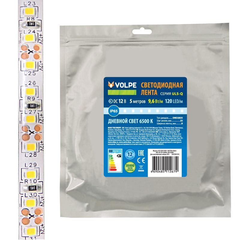 Лента светодиодная гибкая ULS-Q333 2835-120LED/m-8mm-IP65-DC12V-9.6Вт/m-5M-3000K на самоклеящейся основе (уп.5м)Volpe UL-0000453