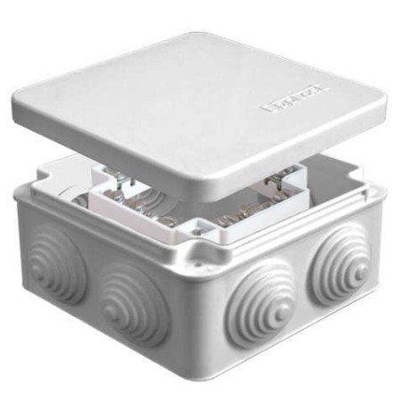 Коробка распределительная ОП 105х105х56мм IP54 с клемм. 7 выходов 4 гермоввода 16А 24 контакта крышка защелкивающаяся сер. Eppla