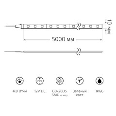 Лента светодиодная Elementary 2835/60-SMD 4.8Вт/м зел. IP66 210лм/м 12В 8мм (уп.5м) GAUSS 356000605