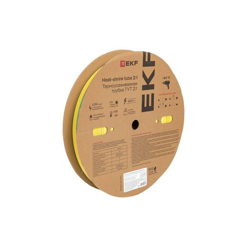 Трубка термоусадочная ТУТ нг 30/15 желт./зел. (уп.50м) EKF tut-30-yg