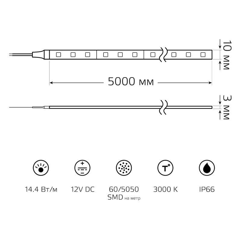 Лента светодиодная Elementary 5050/60-SMD 14.4Вт/м 3000К тепл. бел. IP66 430лм/м 12В 10мм (уп.5м) GAUSS 356000114