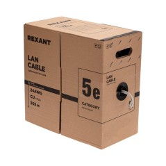 Кабель витая пара U/UTP кат.5E PVC 4PR 24AWG INDOOR SOLID сер. (уп.305м) РФ Rexant 01-0043-R