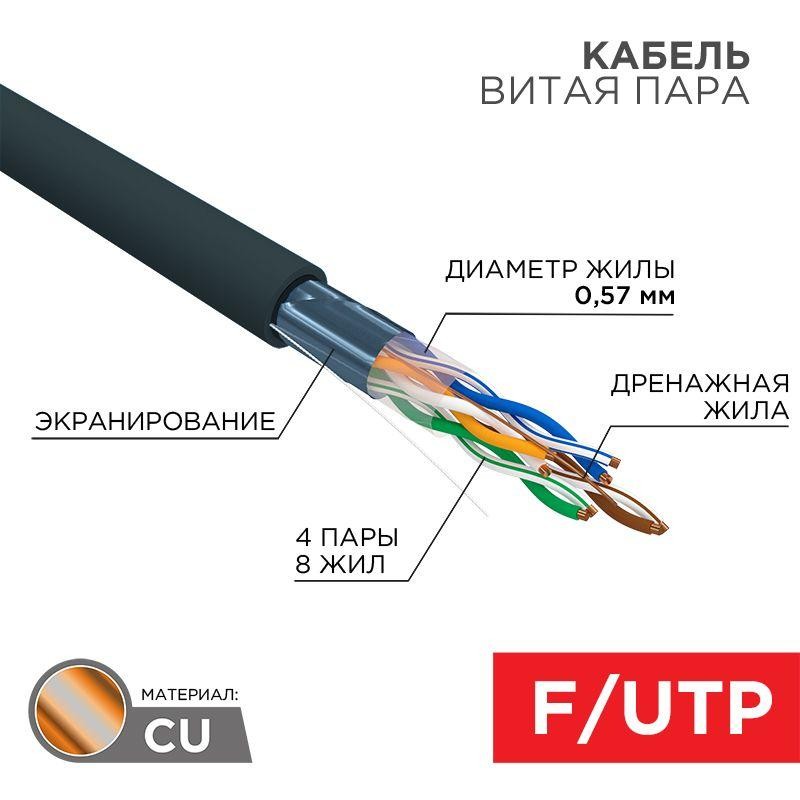 Кабель витая пара F/UTP кат.6 PE 4PR 23AWG OUTDOOR SOLID черн. (м) Rexant 01-0158
