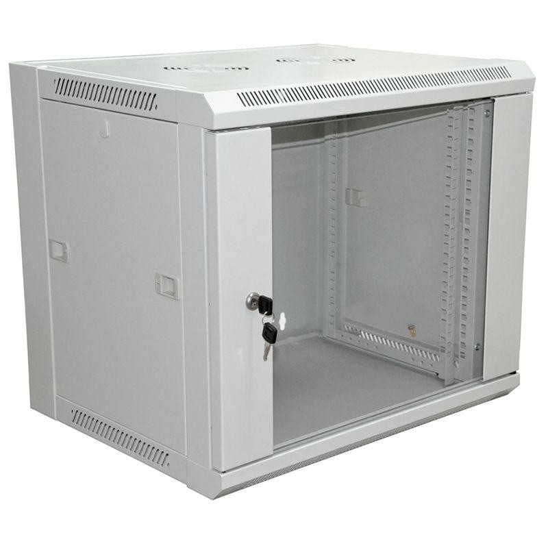 Шкаф настенный 19дюйм 12U 600х450х635мм (ШхГхВ) передняя дверь стекло боковые стенки съемные (разобранный) RAL7035 Rexant 04-220