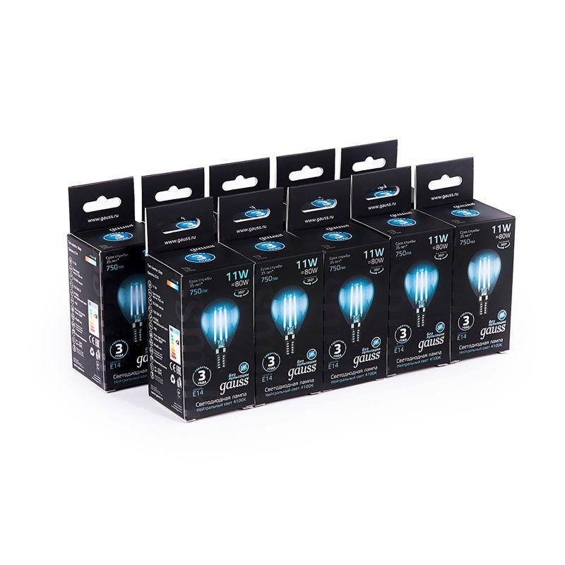 Лампа светодиодная филаментная Black Filament 11Вт P45 шар 4100К нейтр. бел. E14 830лм GAUSS 105801211