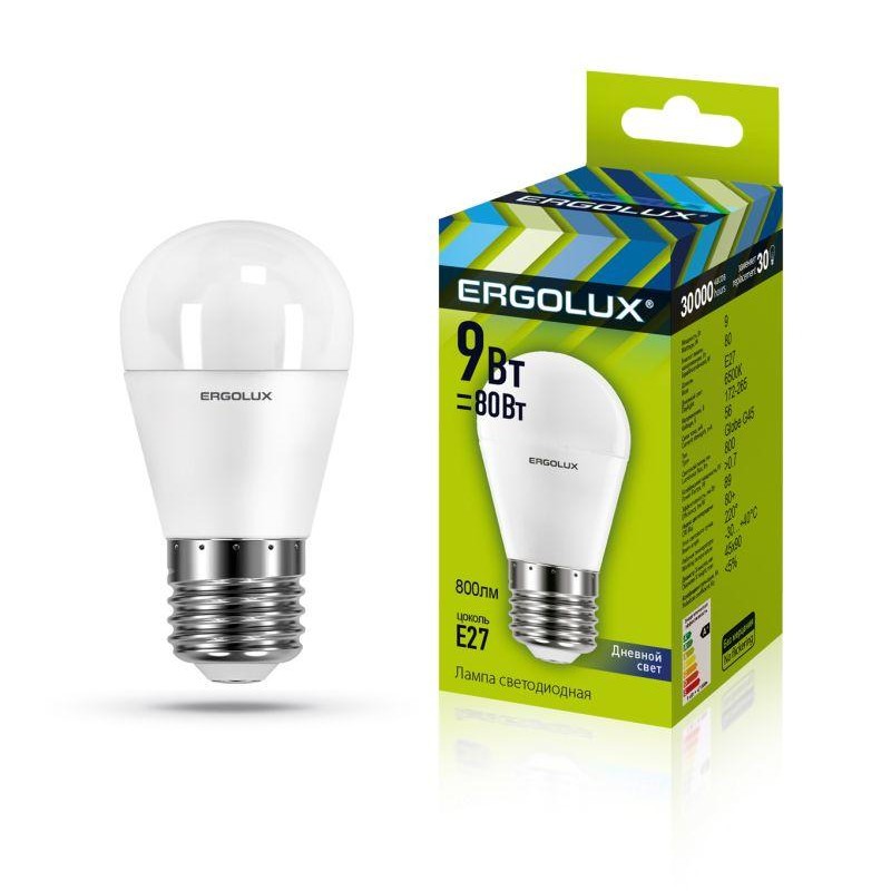 Лампа светодиодная LED-G45-9W-E27-6К Шар 9Вт E27 6500К 172-265В Ergolux 13178 Лампа светодиодная LED-G45-9W-E27-6К Шар 9Вт E27 6500К 172-265В Ergolux 13178
