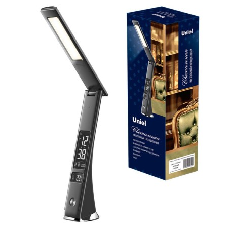Светильник настольный TLD-567 Black/LED/300Lm/4500K/Dimmer с часами календарем термометром 6Вт сенсорный выкл. диммер Uniel UL-0