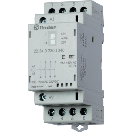 Контактор модульный 3NO+1NC 25А AgSnO2 230В AC/DC 35мм IP20 опции: переключатель Авто-Вкл-Выкл + мех.индикатор + LED FINDER 2234