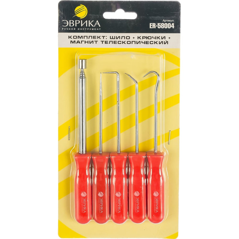 Набор: шило 1 шт., крючки изогнутый, 45, 90, магнит телескопический, 5 предметов ЭВРИКА ER-58004 Набор: шило 1 шт., крючки изогнутый, 45, 90, магнит телескопический, 5 предметов ЭВРИКА ER-58004