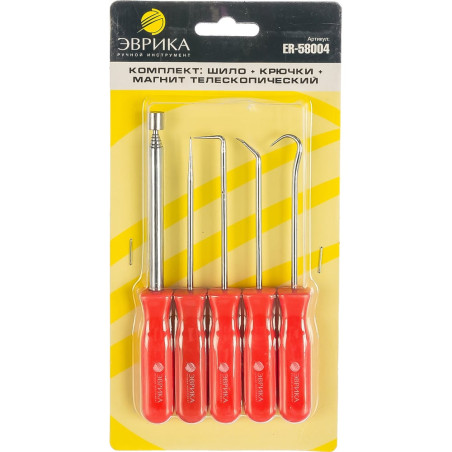Набор: шило 1 шт., крючки изогнутый, 45, 90, магнит телескопический, 5 предметов ЭВРИКА ER-58004