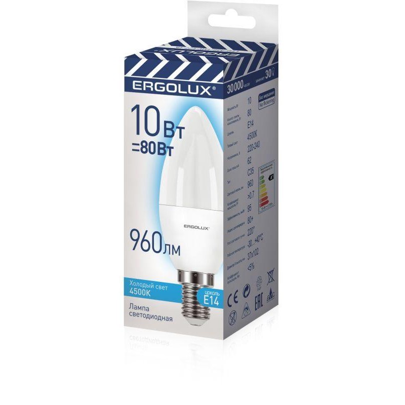 Лампа светодиодная Свеча 10Вт E14 4500К 220-240В ПРОМО LED-C35-10W-E14-4K Ergolux 14545