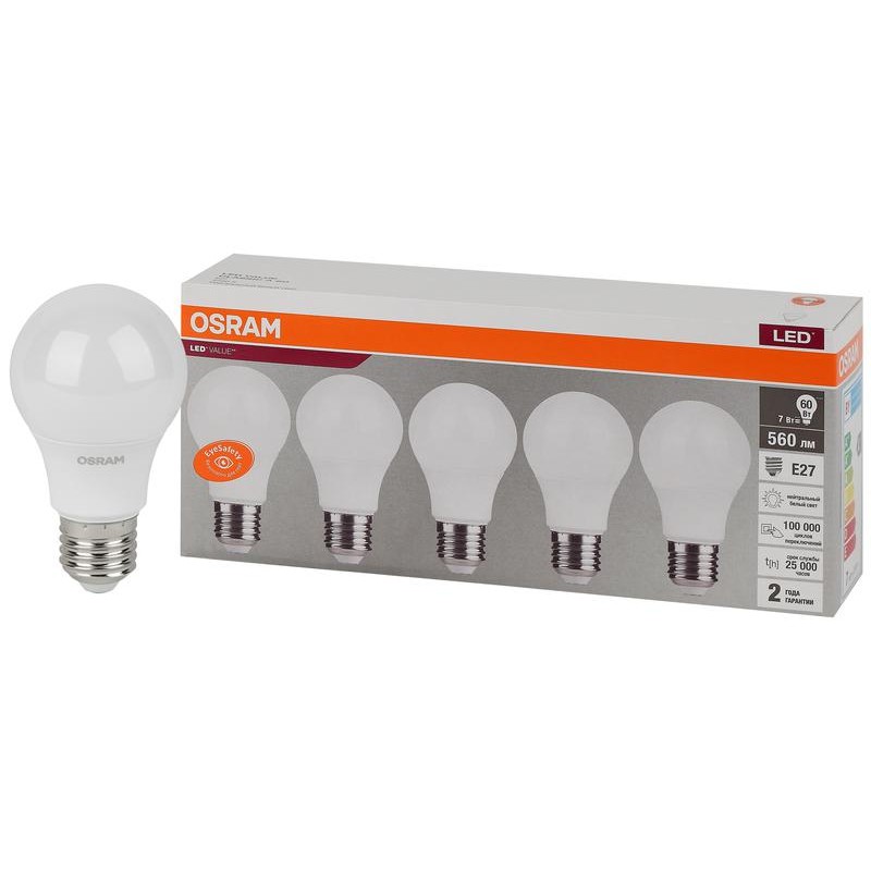 Лампа светодиодная LED Value LVCLA60 7SW/840 7Вт грушевидная матовая E27 230В 2х5 RU (уп.5шт) OSRAM 4058075577657 Лампа светодиодная LED Value LVCLA60 7SW/840 7Вт грушевидная матовая E27 230В 2х5 RU (уп.5шт) OSRAM 4058075577657