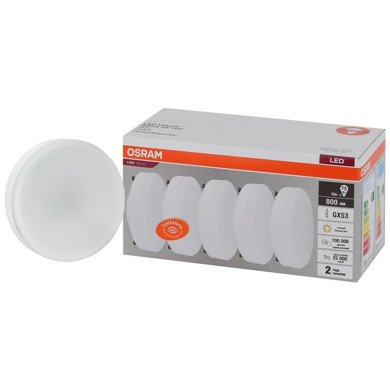 Лампа светодиодная LED Value LVGX5375 10SW/830 10Вт GX53 230В 2х5 RU (уп.5шт) OSRAM 4058075584143 Лампа светодиодная LED Value LVGX5375 10SW/830 10Вт GX53 230В 2х5 RU (уп.5шт) OSRAM 4058075584143