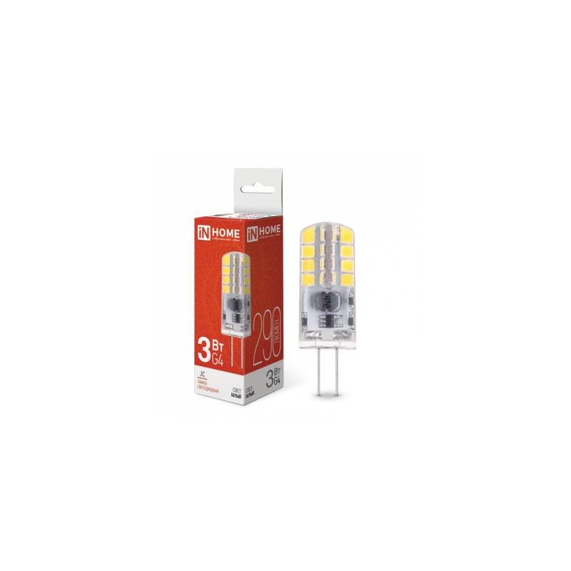 Лампа светодиодная LED-JC 3Вт капсульная прозрачная 4000К нейтр. бел. G4 290лм 12В IN HOME 4690612036021