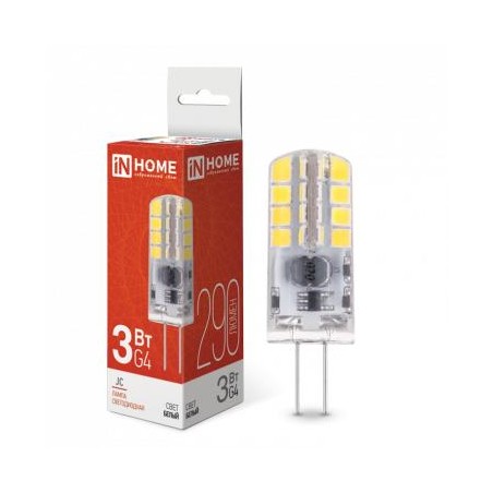 Лампа светодиодная LED-JC 3Вт капсульная прозрачная 4000К нейтр. бел. G4 290лм 12В IN HOME 4690612036021