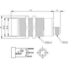 Датчик индуктивный (NPN-НЗ) разъем M12х3 (расс. сраб. 15мм 200Гц) выступающий 10-30В DC IP67 EMAS SIM30NM1OSX