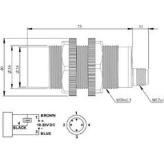 Датчик емкостный (NPN-НЗ) разъем M12х3 (расс. сраб. 3-15мм) выступающий пластик 10-30В DC IP65 EMAS SCM30NP1OSX