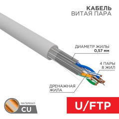 Кабель витая пара U/FTP кат.6A 4х2х0.575мм 23AWG ZH нг(А)-HF (LSZH) INDOOR SOLID сер. 305м PRO Rexant 02-0321