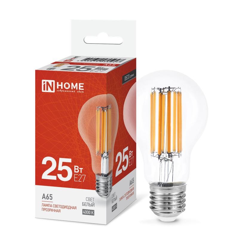 Лампа светодиодная филаментная LED-A65-deco грушевидная прозрачная 25Вт 230В E27 4000К 2480лм IN HOME 4690612055947 Лампа светодиодная филаментная LED-A65-deco грушевидная прозрачная 25Вт 230В E27 4000К 2480лм IN HOME 4690612055947