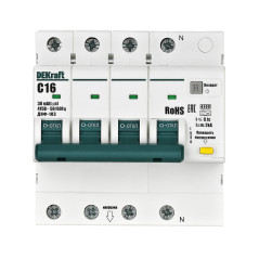 Выключатель автоматический дифференциального тока 4п (3P+N) C 16А 30мА тип AC 4.5кА ДИФ-103 DEKraft 16615DEK