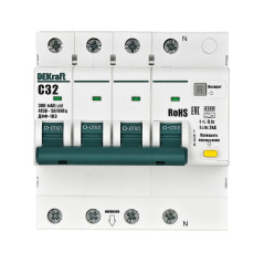 Выключатель автоматический дифференциального тока 4п (3P+N) C 32А 300мА тип AC 4.5кА ДИФ-103 DEKraft 16636DEK