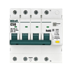 Выключатель автоматический дифференциального тока 4п (3P+N) C 50А 300мА тип AC 4.5кА ДИФ-103 DEKraft 16638DEK