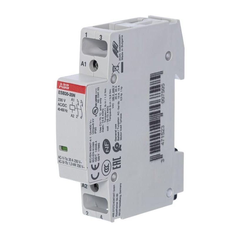 Контактор ESB20-20N-06 модульный (20А АС-1 2НО) катушка 230В AC/DC ABB 1SBE121111R0620 Контактор ESB20-20N-06 модульный (20А АС-1 2НО) катушка 230В AC/DC ABB 1SBE121111R0620