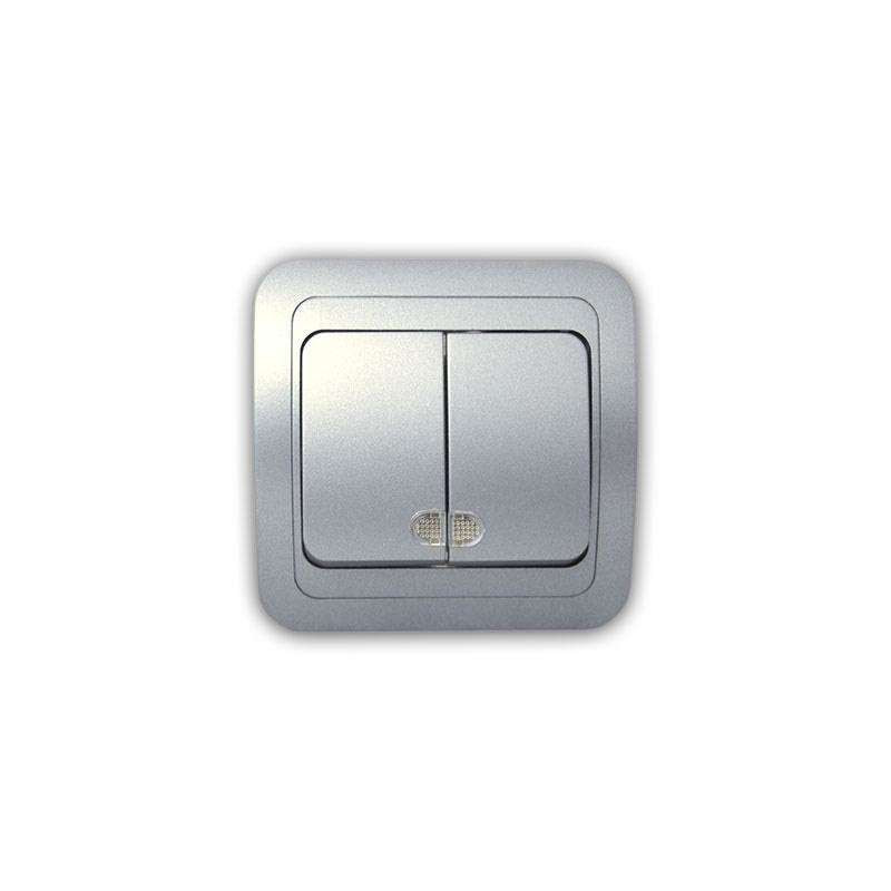 Выключатель 2-кл. 2п СП Mimoza 10А IP20 с подсветкой серебр./серебр. Makel 23423 Выключатель 2-кл. 2п СП Mimoza 10А IP20 с подсветкой серебр./серебр. Makel 23423