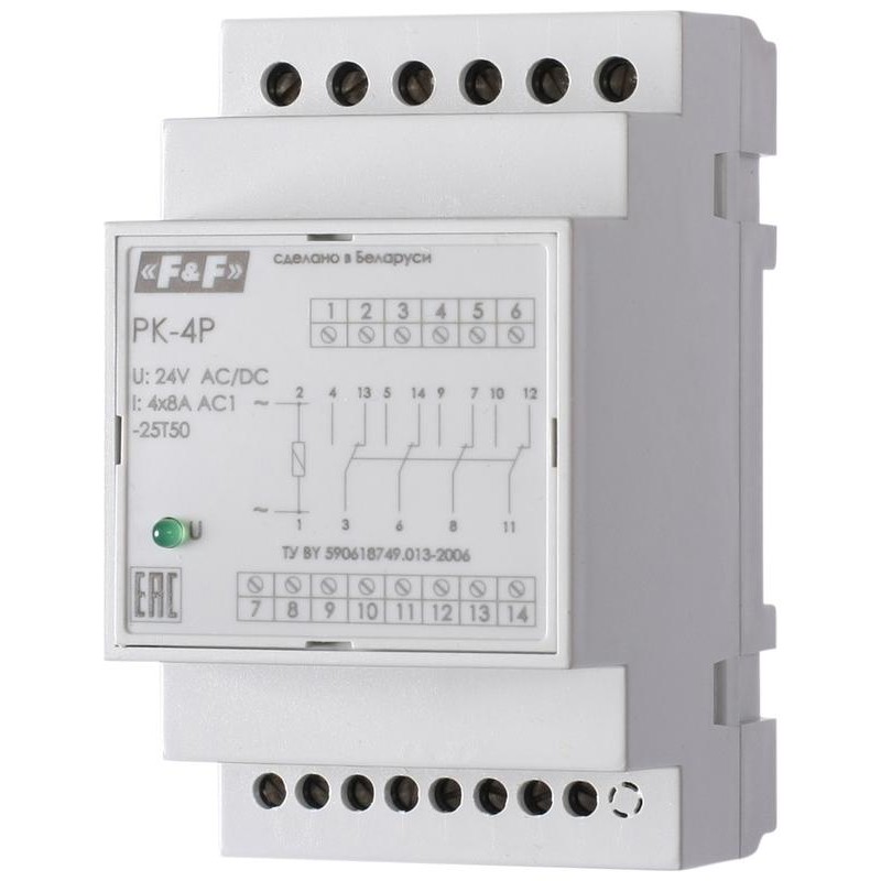 Реле промежуточное PK-4P/Un (монтаж на DIN-рейке 35мм 110В 50Гц 4х8А 4 перекл.) F@F EA06.001.013