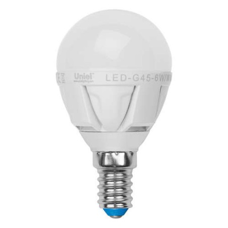 Лампа светодиодная LED-G45-6Вт/WW/E14/FR/DIM PLP01WH 6Вт шар 3000К тепл. бел. E14 600лм 220В диммир. упак. картон Uniel UL-00000