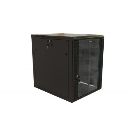 Шкаф настенный (19дюйм) 12U 650х600х800мм стеклянная дверь с перфорацией по бокам ручка с замком (RAL 9004) (разобранный) TWB-12