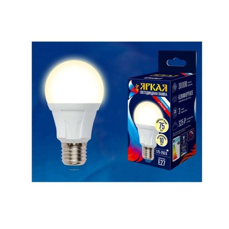 Лампа светодиодная LED-A60 10W/WW/E27/FR PLP01WH Яркая 10Вт грушевидная матовая 3000К тепл. бел. E27 (упак. картон) Uniel UL-000