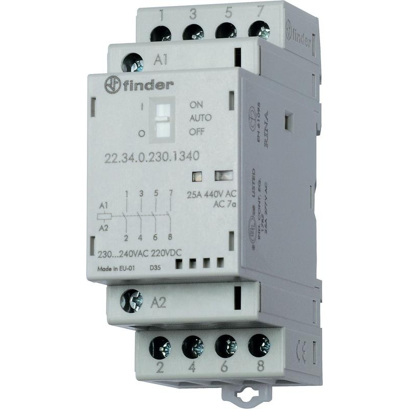 Контактор модульный 3NO+1NC 25А AgSnO2 230В AC/DC 35мм IP20 опции: мех.индикатор + LED FINDER 223402304720 Контактор модульный 3NO+1NC 25А AgSnO2 230В AC/DC 35мм IP20 опции: мех.индикатор + LED FINDER 223402304720