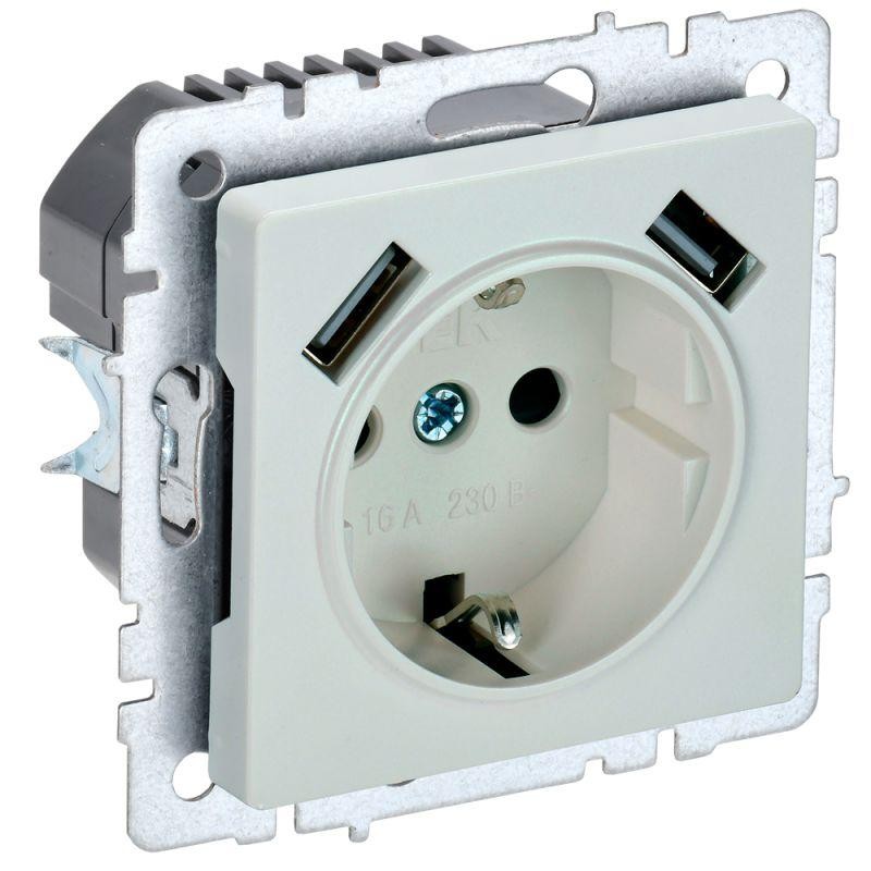 Розетка BRITE РЮш10-1-БрЖ 16А с USB A+A 2.1А с заземл. защ. шторки механизм жемчуж. IEK BR-R14-16-U21-D21-K36