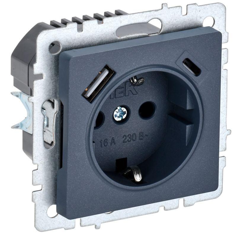 Розетка BRITE РЮш11-1-БрМ 16А с USB A+C 18Вт с заземл. защ. шторки механизм маренго IEK BR-R14-16-U22-018-K35