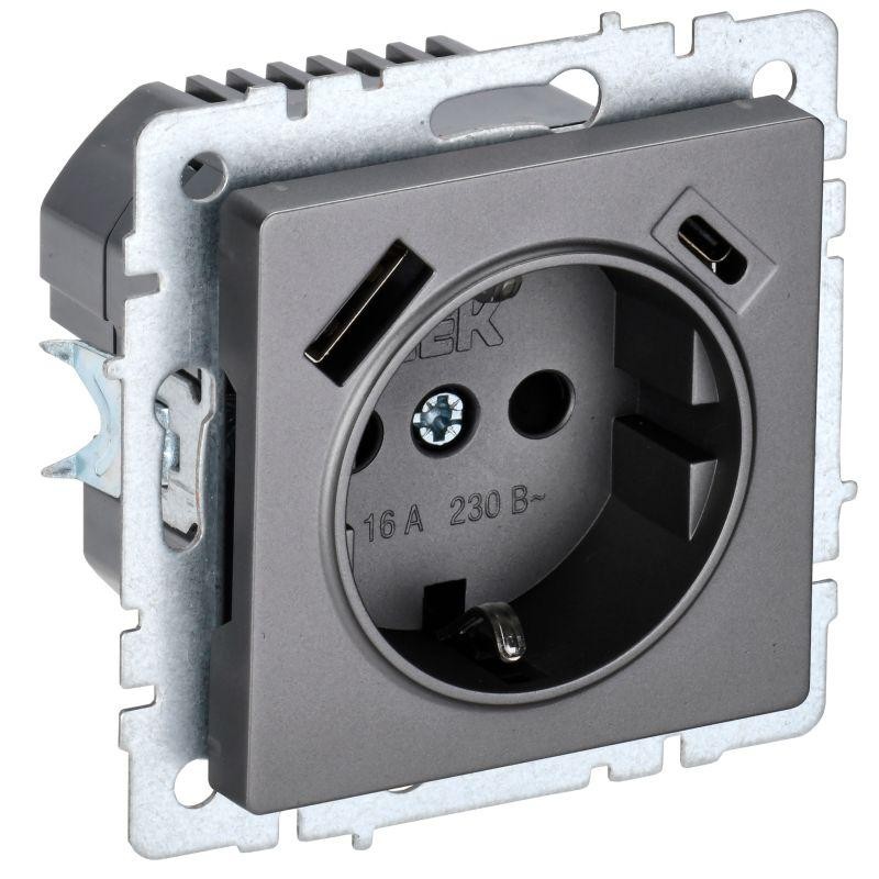 Розетка BRITE РЮш11-1-БрС 16А с USB A+C 18Вт с заземл. защ. шторки механизм сталь IEK BR-R14-16-U22-018-K46