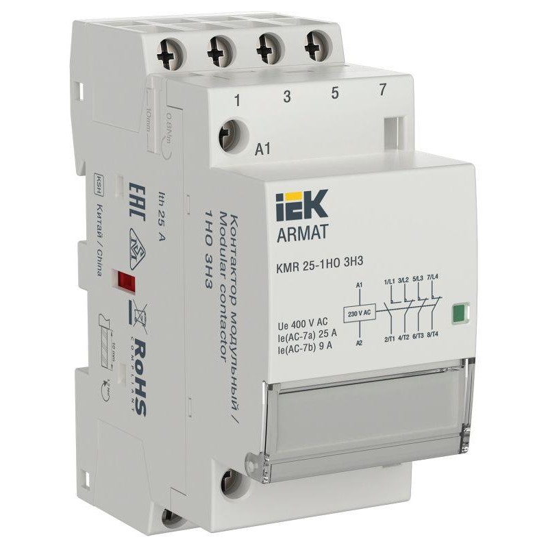 Контактор модульный KMR 25А 230В AC 1НО 3НЗ ARMAT IEK AR-KMR10-025-13-230 Контактор модульный KMR 25А 230В AC 1НО 3НЗ ARMAT IEK AR-KMR10-025-13-230