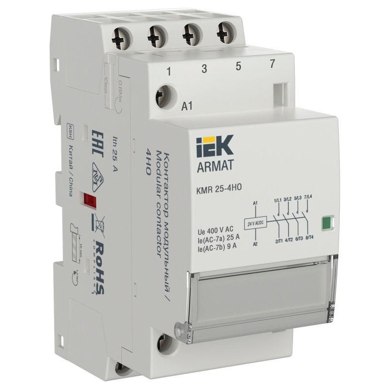 Контактор модульный KMR 25А 24В AC/DC 4НО ARMAT IEK AR-KMR20-025-40-024 Контактор модульный KMR 25А 24В AC/DC 4НО ARMAT IEK AR-KMR20-025-40-024
