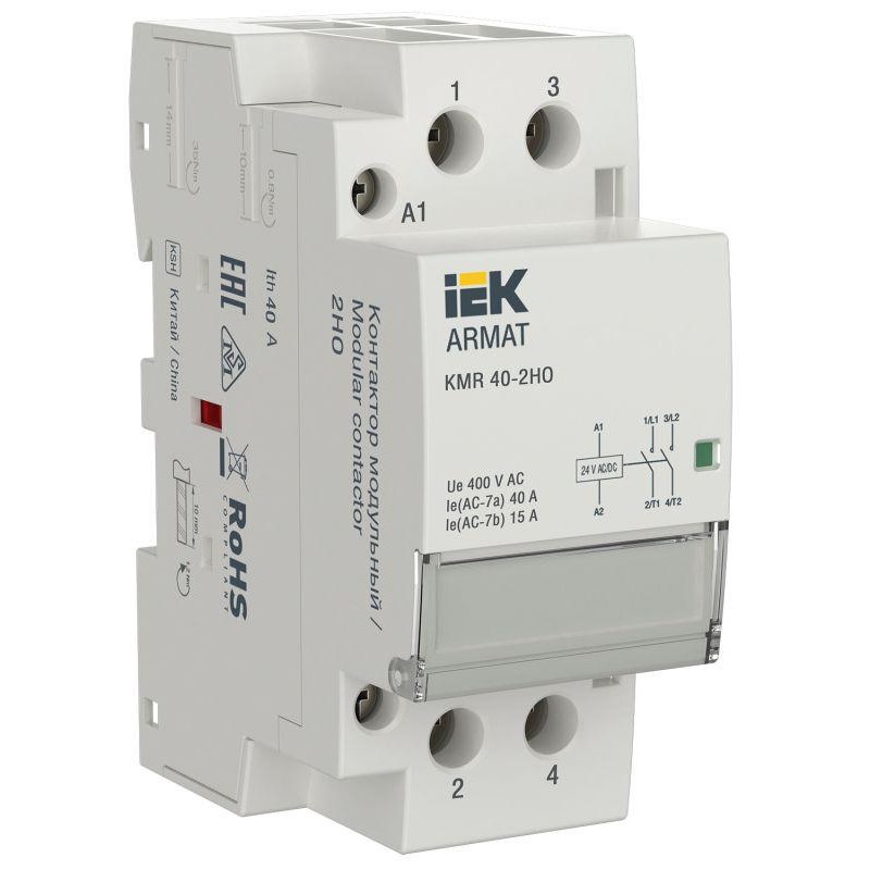 Контактор модульный KMR 40А 24В AC/DC 2НО ARMAT IEK AR-KMR20-040-20-024 Контактор модульный KMR 40А 24В AC/DC 2НО ARMAT IEK AR-KMR20-040-20-024
