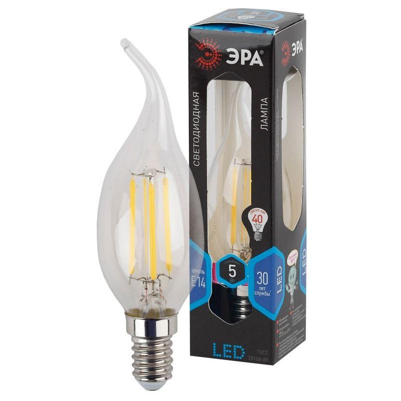 Лампа светодиодная филаментная F-LED BXS-5W-840-E14 5Вт свеча на ветру прозрачная 4000К нейтр. бел. E14 650лм 170-265В Эра Б0019