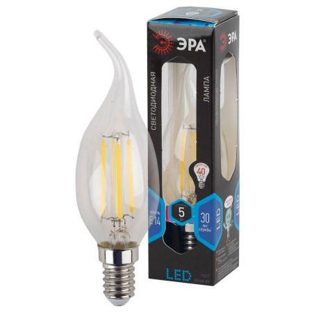 Лампа светодиодная филаментная F-LED BXS-5W-840-E14 5Вт свеча на ветру прозрачная 4000К нейтр. бел. E14 650лм 170-265В Эра Б0019