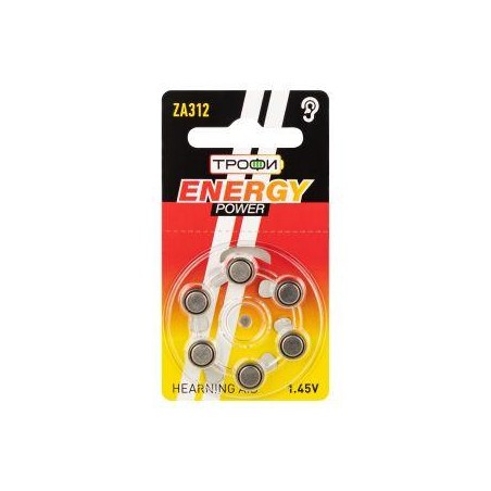 Элемент питания воздушно-цинковые для слухового аппарата ZA312-6BL ENERGY POWER Hearing Aid (блист.6шт) Трофи Б0057977