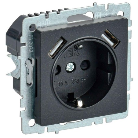 Розетка BRITE РЮш10-1-БрЧ 16А с USB A+A 2.1А с заземл. защ. шторки механизм черн. IEK BR-R14-16-U21-D21-K02
