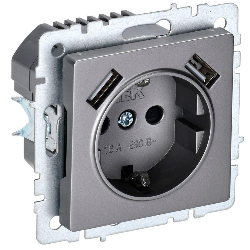 Розетка BRITE РЮш10-2-БрС 16А с USB A+A 3.1А с заземл. защ. шторки механизм сталь IEK BR-R14-16-U21-D31-K46