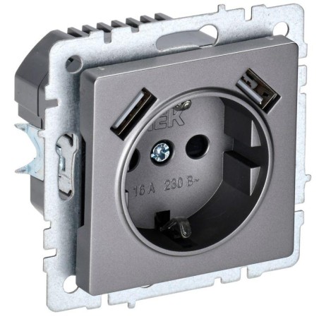 Розетка BRITE РЮш10-2-БрС 16А с USB A+A 3.1А с заземл. защ. шторки механизм сталь IEK BR-R14-16-U21-D31-K46