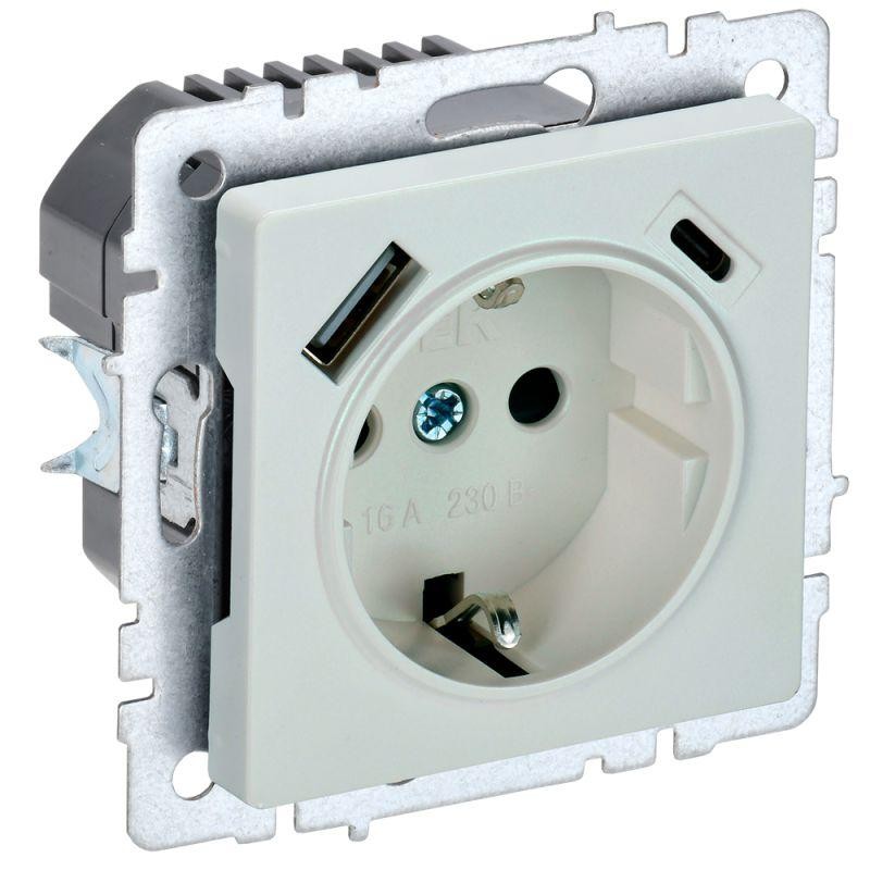 Розетка BRITE РЮш11-1-БрЖ 16А с USB A+C 18Вт с заземл. защ. шторки механизм жемчуж. IEK BR-R14-16-U22-018-K36