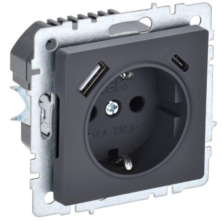 Розетка BRITE РЮш11-1-БрГ 16А с USB A+C 18Вт с заземл. защ. шторки механизм графит IEK BR-R14-16-U22-018-K53
