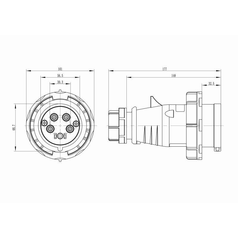 Вилка кабельная CP IP67 32А 3P+E+N 400В с фазоинвертером DKC CP656-032-40-RP