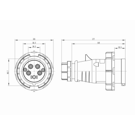 Вилка кабельная CP IP67 32А 3P+E+N 400В с фазоинвертером DKC CP656-032-40-RP